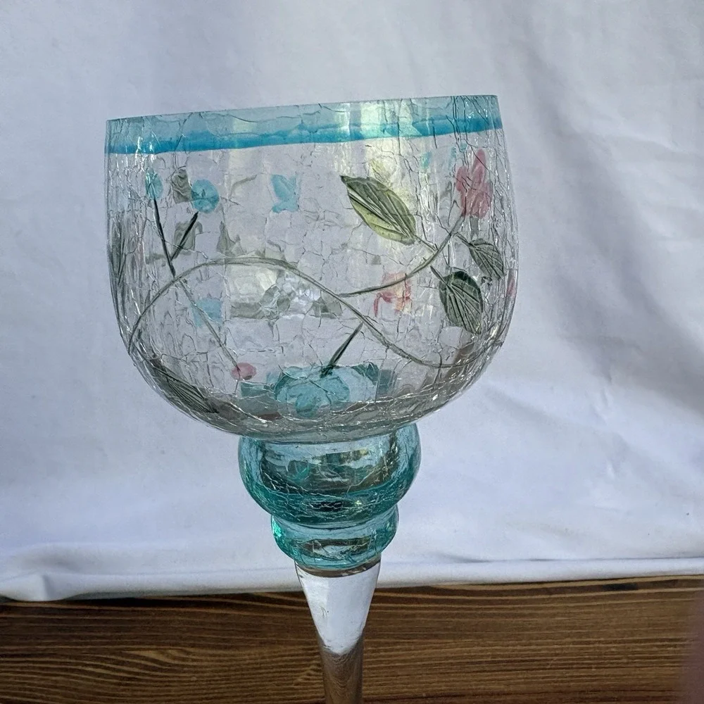 Crackle Glass Floral Goblet Candle Holder Hand Painted Blue Pink Stem